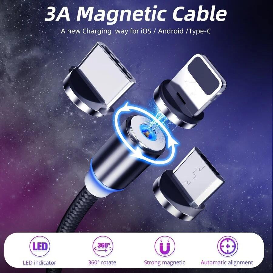 CABLE USB CON LUZ MAGNETICO, IMAN 3 EN 1